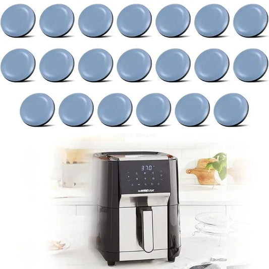 The image displays a set of 20 blue, circular, adhesive appliance sliders against a white background. In the lower part of the image, there is an air fryer sitting on a kitchen counter, illustrating the intended use of the sliders to easily move appliances without scratching the surface.