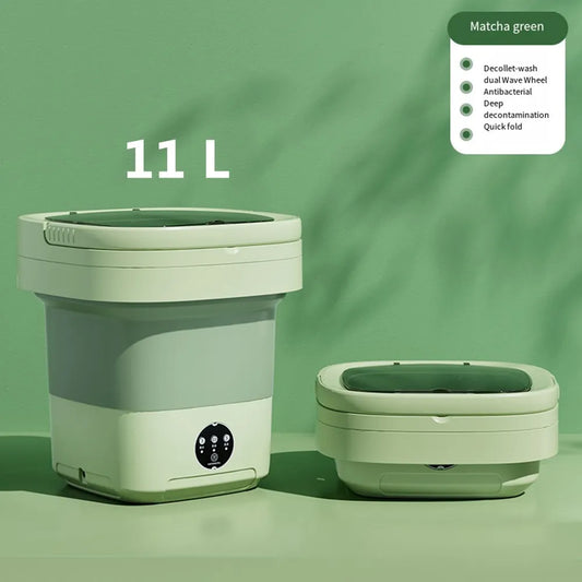 An 11L folding portable washing machine in a soft green color is displayed, both in its compact, folded state and fully expanded, ready for use. The machine's simple, modern design is accentuated by a minimalist control panel.