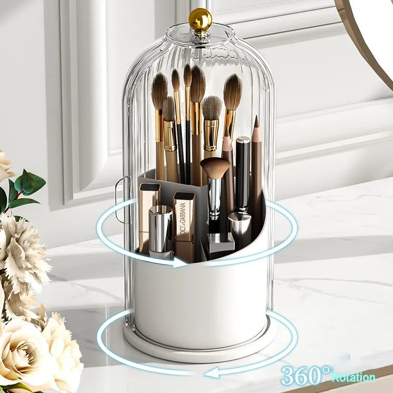 Luxury 360° Rotating Makeup Brush Holder with Lid - Transparent Cosmetic Organizer for Lipstick, Eyebrow Pencils, Eye Shadow - Space-Saving, Dustproof Beauty Storage Solution