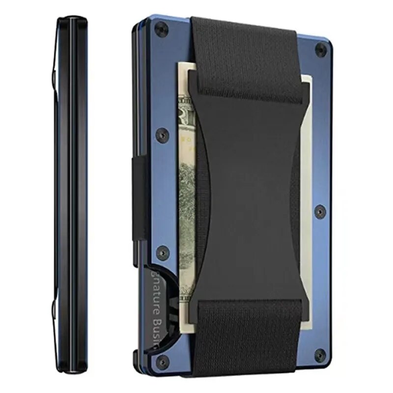 A side and front view of a slim, dark blue card holder with elastic cash strap, showcasing a thin profile and a compartment holding US currency notes.