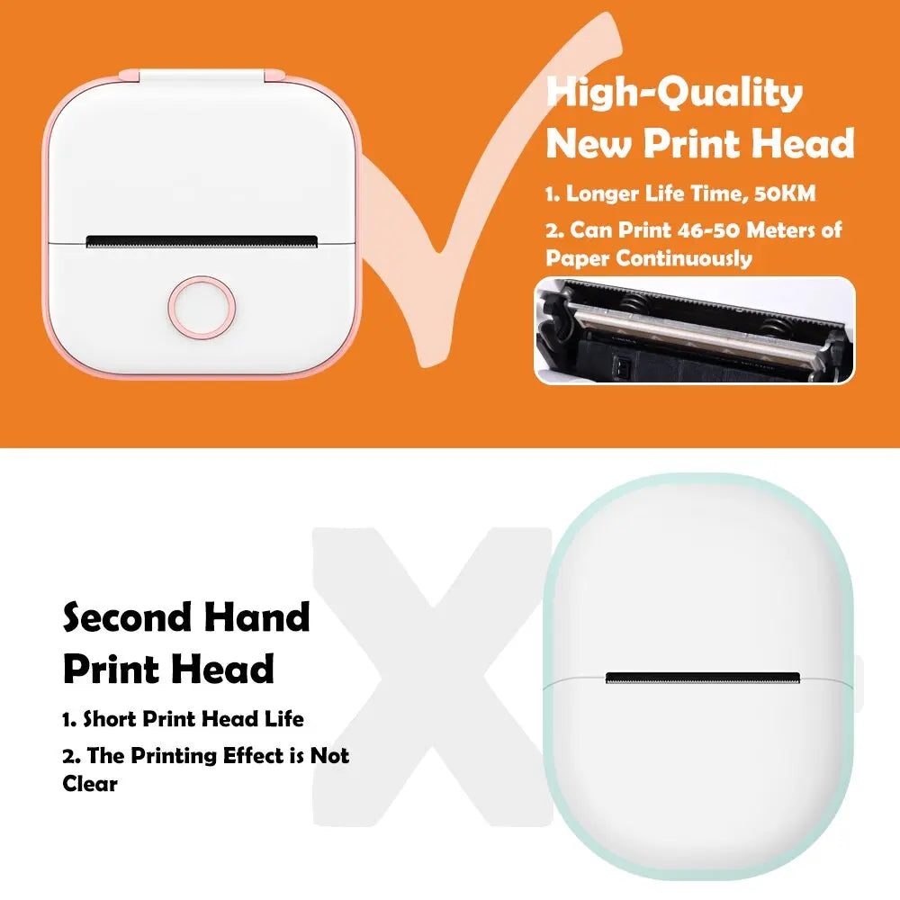 High-Quality Print Head: A close-up of the product emphasizes its high-quality print head, capable of producing clear images without fading. The comparison chart illustrates the printer's superior performance against a second-hand print head, showcasing its ability to deliver crisp and durable prints.
