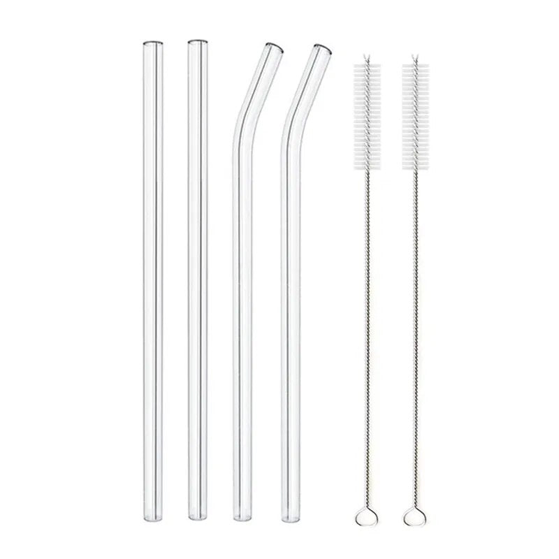 Individual images showing transparent and white bent and straight glass straws with cleaning brushes placed beside them on a white background.
