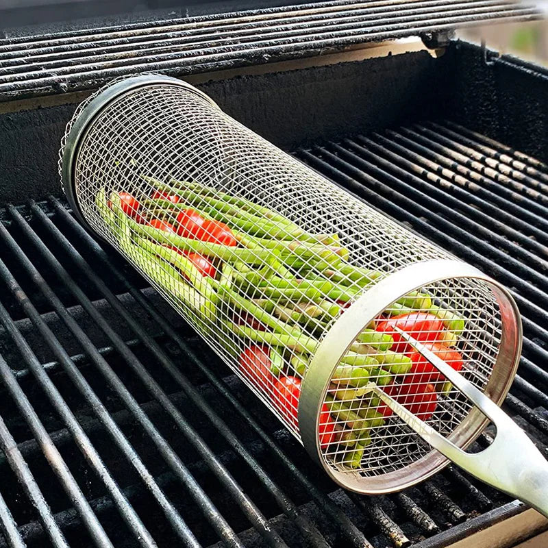 Close-up of the Rolling Grilling BBQ Basket showing its high-quality, anti-rust stainless steel material. The mesh ensures heat resistance and non-stick grilling, perfect for outdoor picnics and camping.
