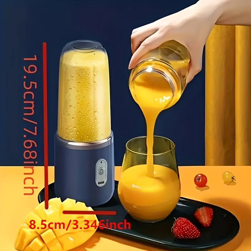 The Portable Electric Juicer Blender, showing its compact 7.68-inch height and 3.34-inch width. A user pours freshly blended orange juice into a glass, demonstrating its efficiency in making smoothies and juices quickly.