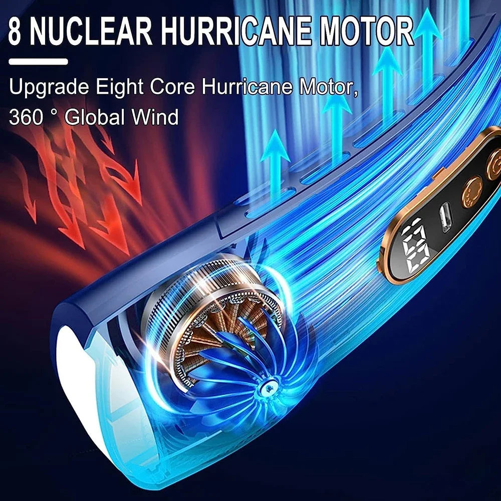 Showcasing the powerful 8 nuclear hurricane motor of the neck fan, this image highlights the fan's ability to deliver strong and consistent airflow, making it perfect for hot weather.
