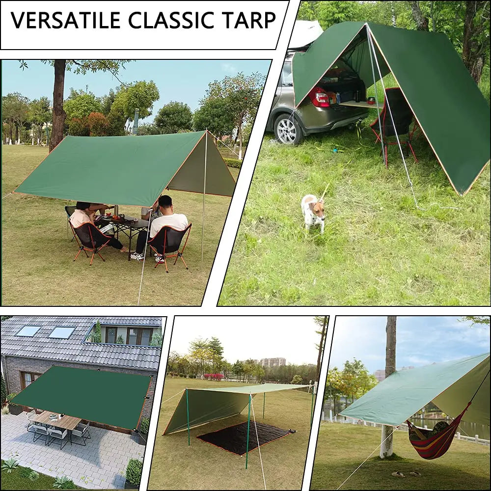 Multiple Configurations of Top Lander Tarp: This image depicts the tarp set up in various configurations, demonstrating its flexibility as a sunshade or rain fly, making it a practical choice for any outdoor gathering or adventure.