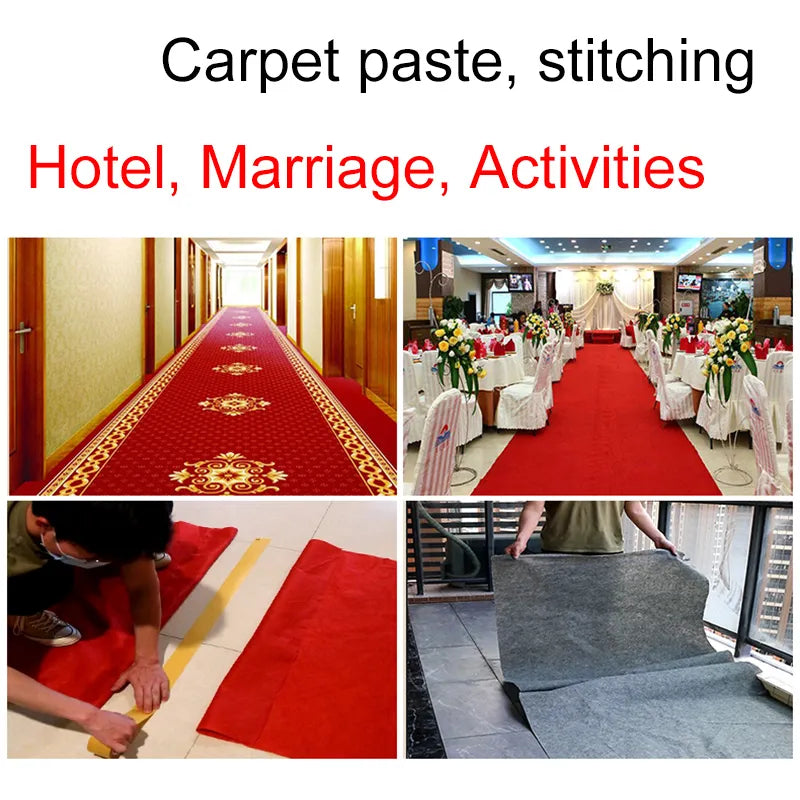 A red carpet being secured on a floor using the tape, with additional images of the tape rolls and usage instructions to illustrate its application for events