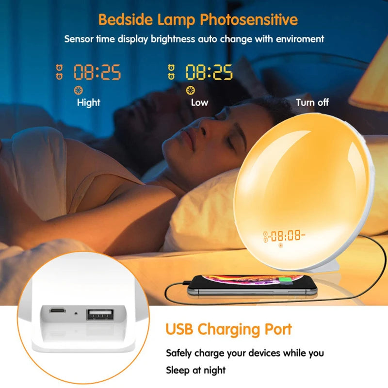 A yellow bedside lamp shows two alarm times, 08:25, with a USB charging port nearby. Ideal for dual alarms and nightlight use.
