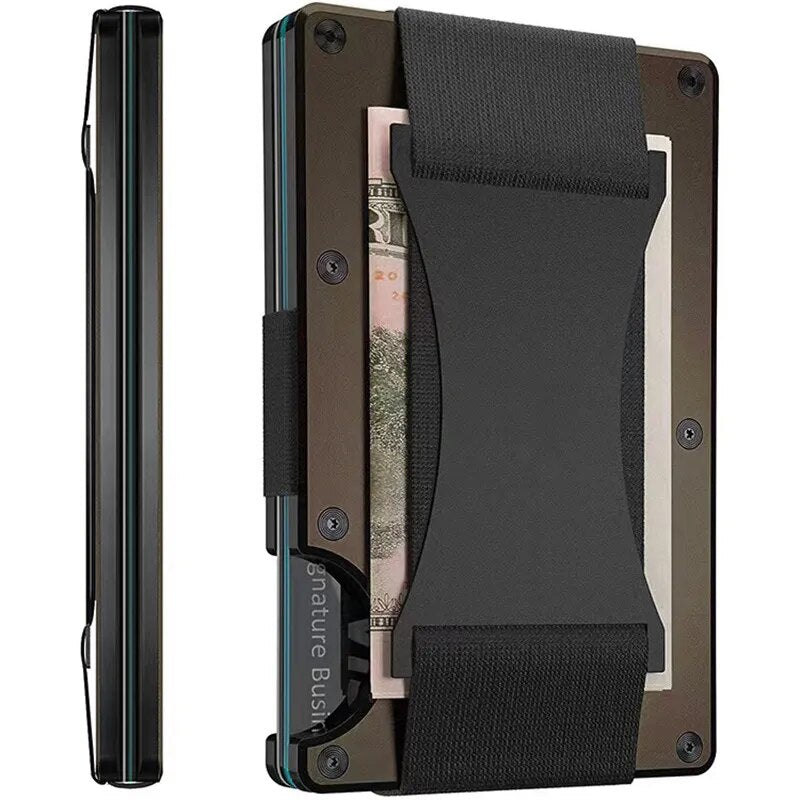 A side and front view of a slim, coffee card holder with elastic cash strap, showcasing a thin profile and a compartment holding US currency notes.