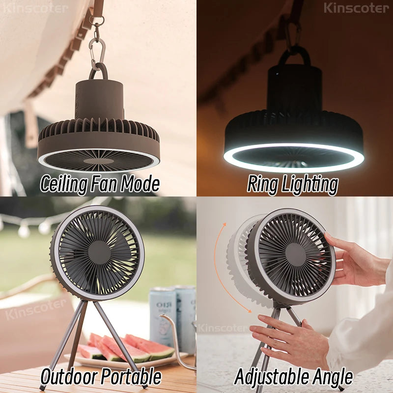 LED Lighting Feature: Close-up of the fan with the LED ring light illuminated, showcasing its soft, adjustable lighting for nighttime use.