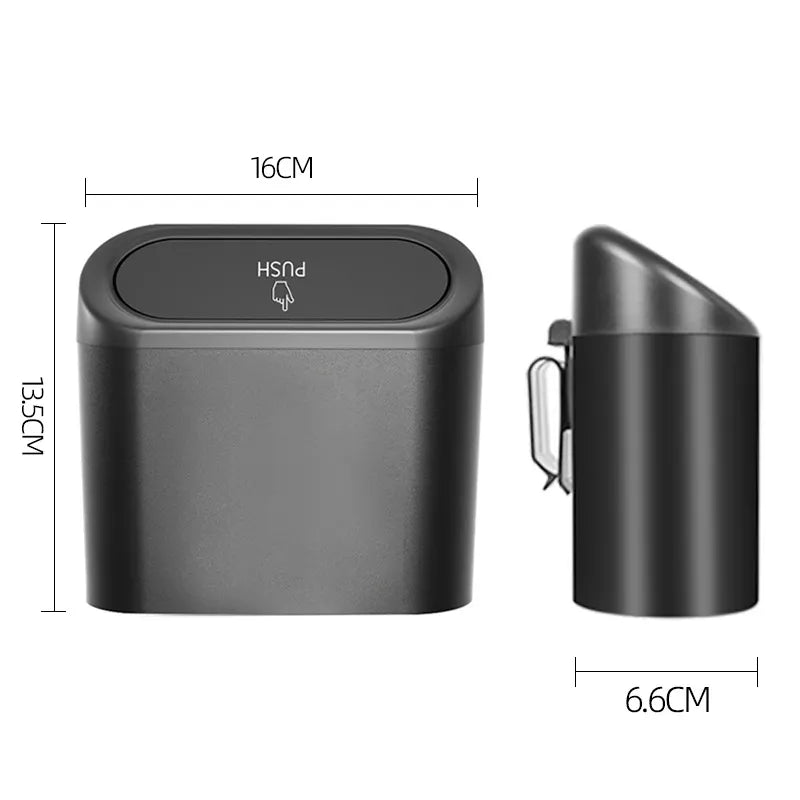 Dimensions of the car trash bin are displayed, indicating a size of 16x13.5x6.6cm, confirming its compact and space-efficient design.