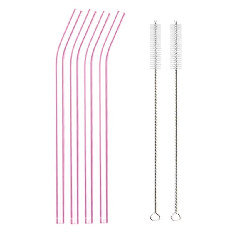 Individual images showing pink  bent glass straws with cleaning brushes placed beside them on a white background.