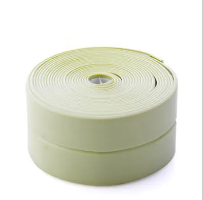 The image depicts a tightly coiled roll of pale green sealing strip tape, emphasizing its flexibility and the length provided.