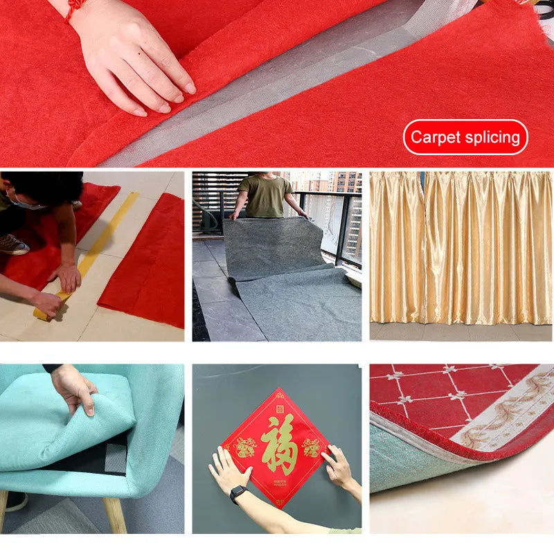 The tape being applied to the bottom edge of a red mat to prevent slipping.