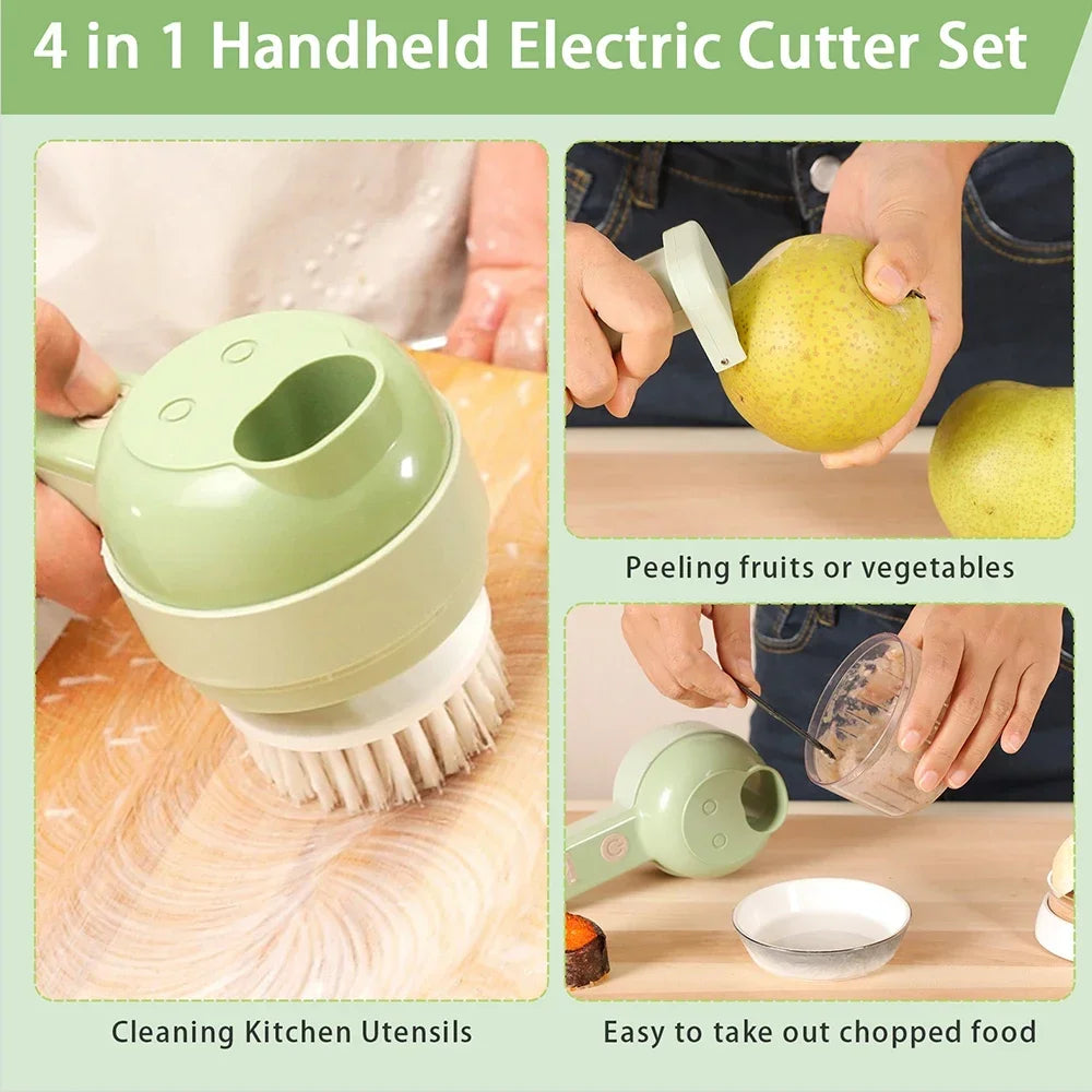 image focuses on the 4-in-1 handheld electric cutter set itself, illustrating its features. It shows the device's brush attachment for cleaning kitchen utensils, and its ease of use for directly transferring chopped food to a cooking pot