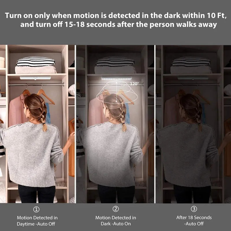 The light is mounted under a wooden cabinet, illuminating the countertop below; a person's hand is motioning towards the sensor area, indicating the motion-activated feature.
