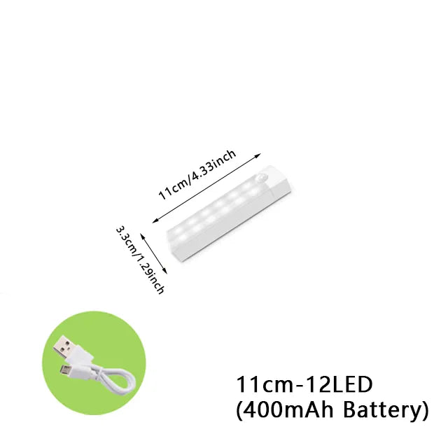 Variants of the light are shown with different lengths and battery capacities: 11cm with 12 LEDs indicating options for size and power.