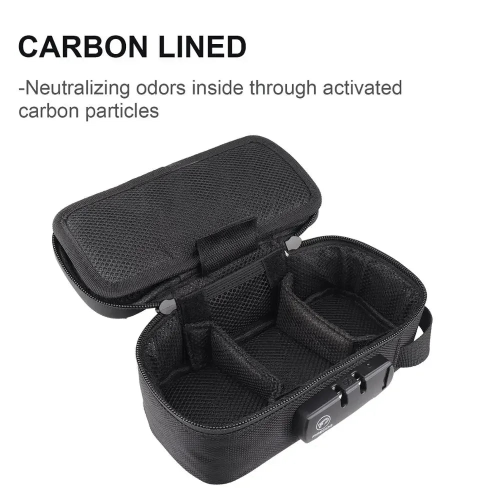 Demonstrating the Odor Smell Proof Bag's convenience, this image spotlights the carbon lining feature, which naturally reduces odors through activated carbon particles, alongside the secure combination lock, making it an essential travel-friendly, odor proof case for smoking accessories.
