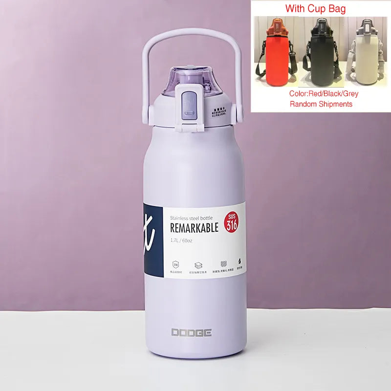 The image displays a purple stainless steel thermal water bottle with a sturdy handle on the lid. The bottle is labeled "REMARKABLE 316", indicating the grade of stainless steel, and has a capacity of 1.3L/45.8oz as stated on its label