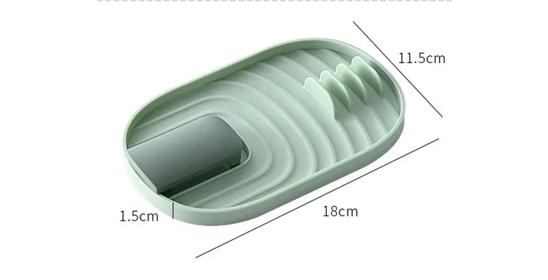 A mint green silicone rack is shown empty, focusing on its texture and shape. and measurements