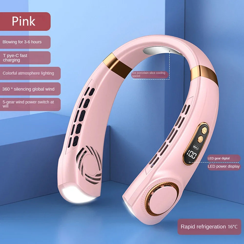 Pink version of the portable neck fan, emphasizing its stylish look and comfortable fit. This fan is perfect for those who want a fashionable yet practical cooling solution.