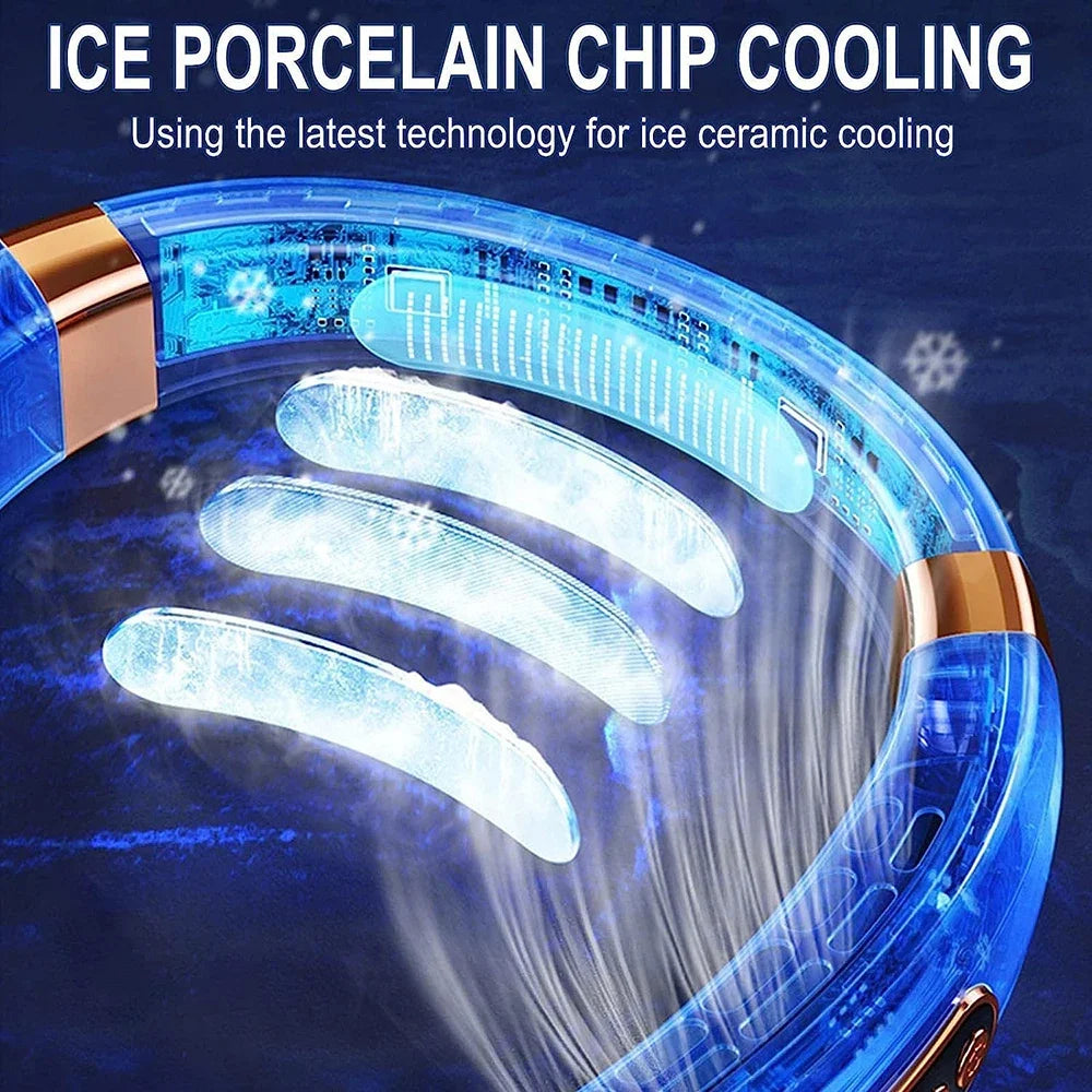 Featuring the ice porcelain chip cooling technology, this image emphasizes the advanced cooling capabilities of the neck fan, ensuring maximum comfort and efficiency.