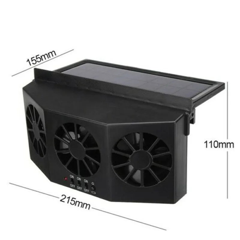 Solar Powered Car Cooling Fan - Dimensions: This image displays the black variant of the Solar Powered Car Cooling Fan with its dimensions (215mm x 110mm x 65mm), showing the size and compatibility with various car window