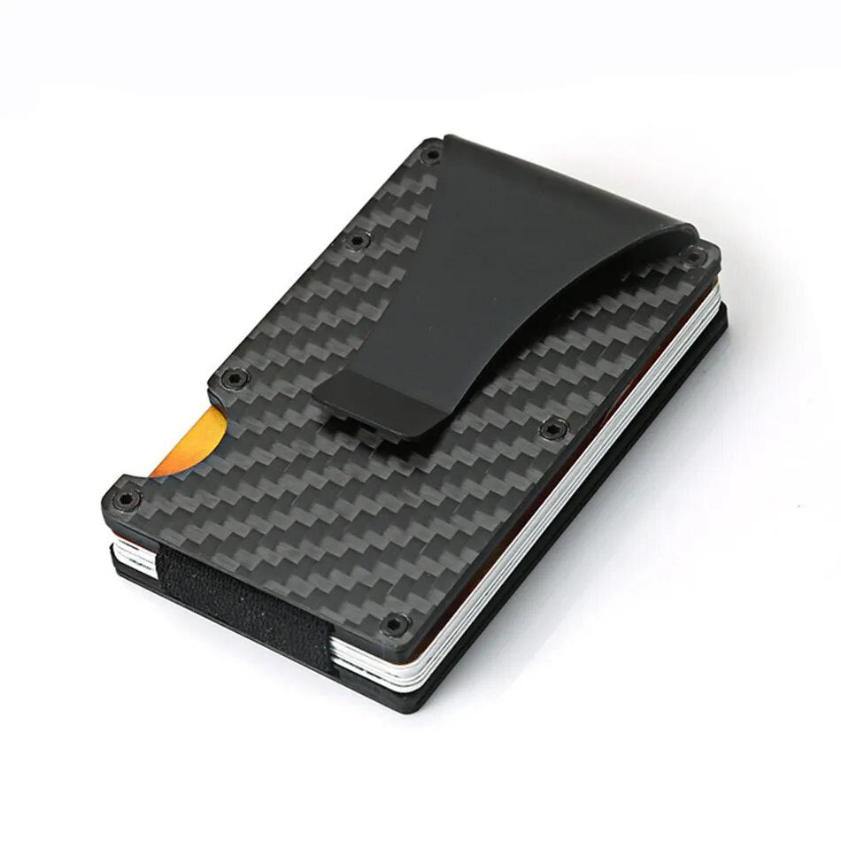 Top view of a carbon fiber-patterned card holder, featuring a push notch for easy card access and a black silicone band for additional hold.