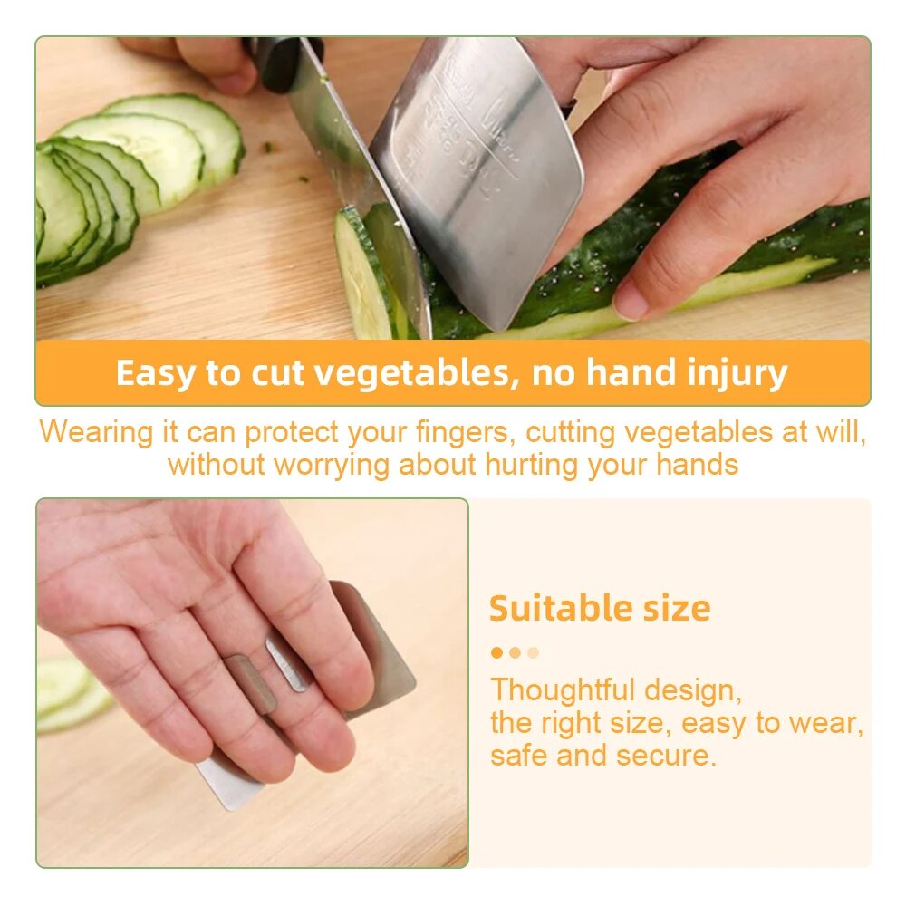 Close-up shots of the finger guard show the brushed stainless steel texture and the polished edges. It's placed on a finger, demonstrating fit and protection while cutting vegetables