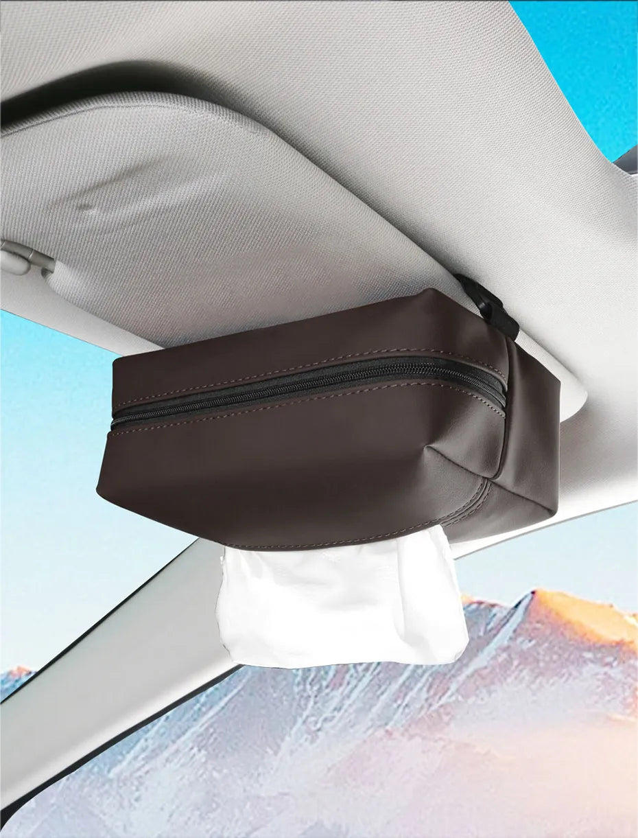 black Nappa leather car tissue box holder attached to sun visor