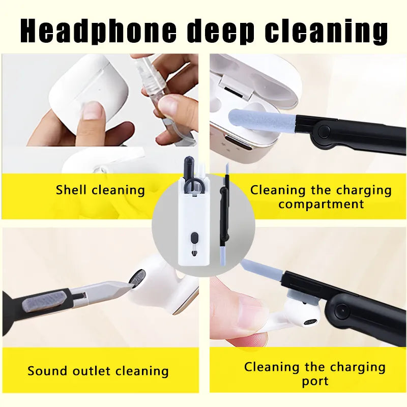Detailed demonstration of the headphone cleaning process with the kit's tools, focusing on deep cleaning and maintenance of earphones.