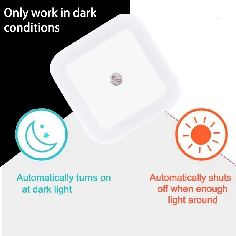 This image highlights the Wireless LED Night Light Sensor's automatic light sensor feature. The light turns on in dark conditions and shuts off when there's enough ambient light. Ideal for saving energy and providing illumination only when needed, it's a practical addition to any home.