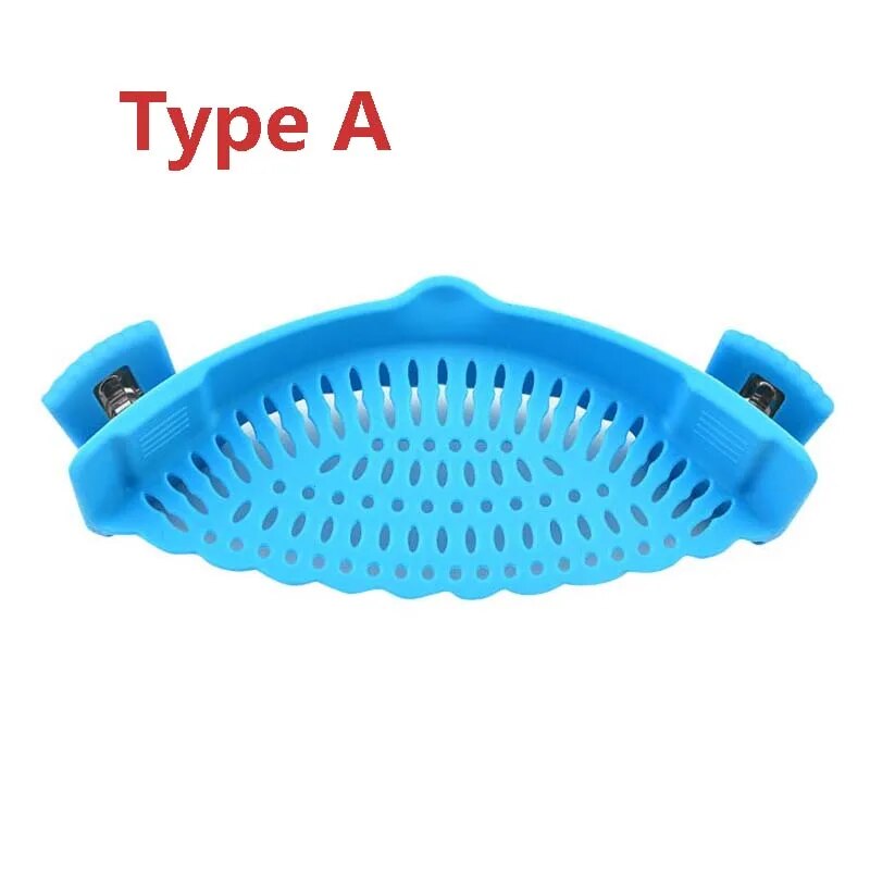 A blue silicone strainer, labeled "Type A", is shown detached, displaying its design and clip-on feature.