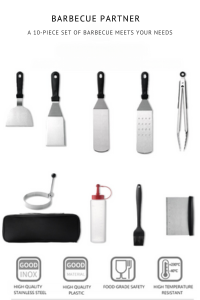 Barbecue Tool Set Display: This image shows a comprehensive barbecue tool set. It includes various stainless steel tools like spatulas, tongs, and brushes, essential for any BBQ session.