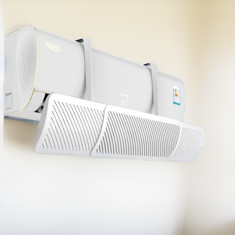 The image shows a wall-mounted air conditioner equipped with a white universal air conditioner wind deflector. The deflector is designed to prevent direct cold air from blowing, ensuring an even distribution of airflow. This air conditioner deflector enhances comfort and efficiency.