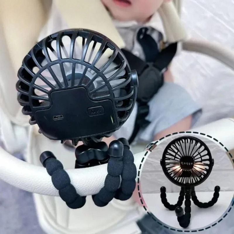 The stroller fan is attached to a stroller handle, featuring a flexible tripod for easy and secure attachment.