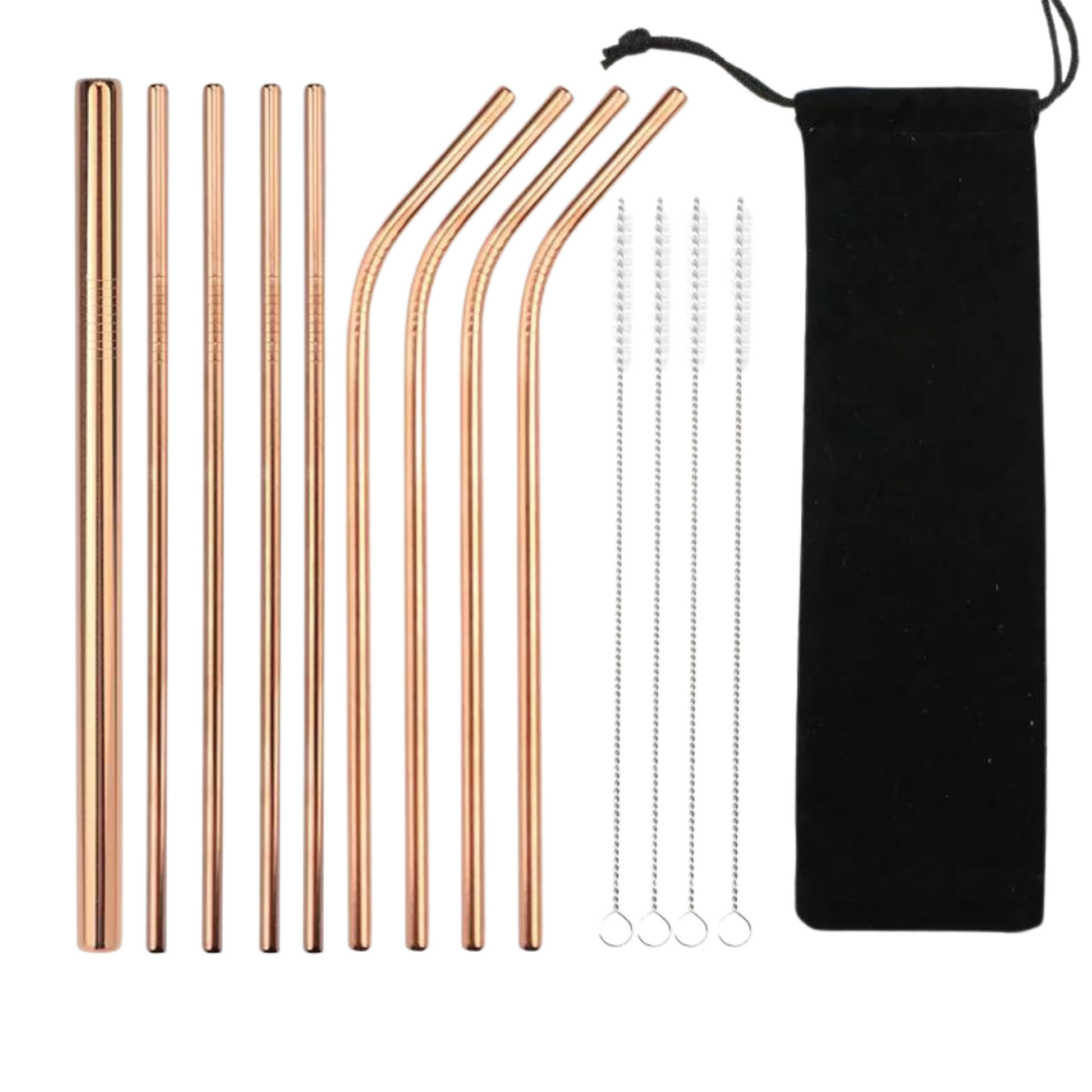 9 gold Stainless Steel Reusable Straws with  cleaning brushes and a bag