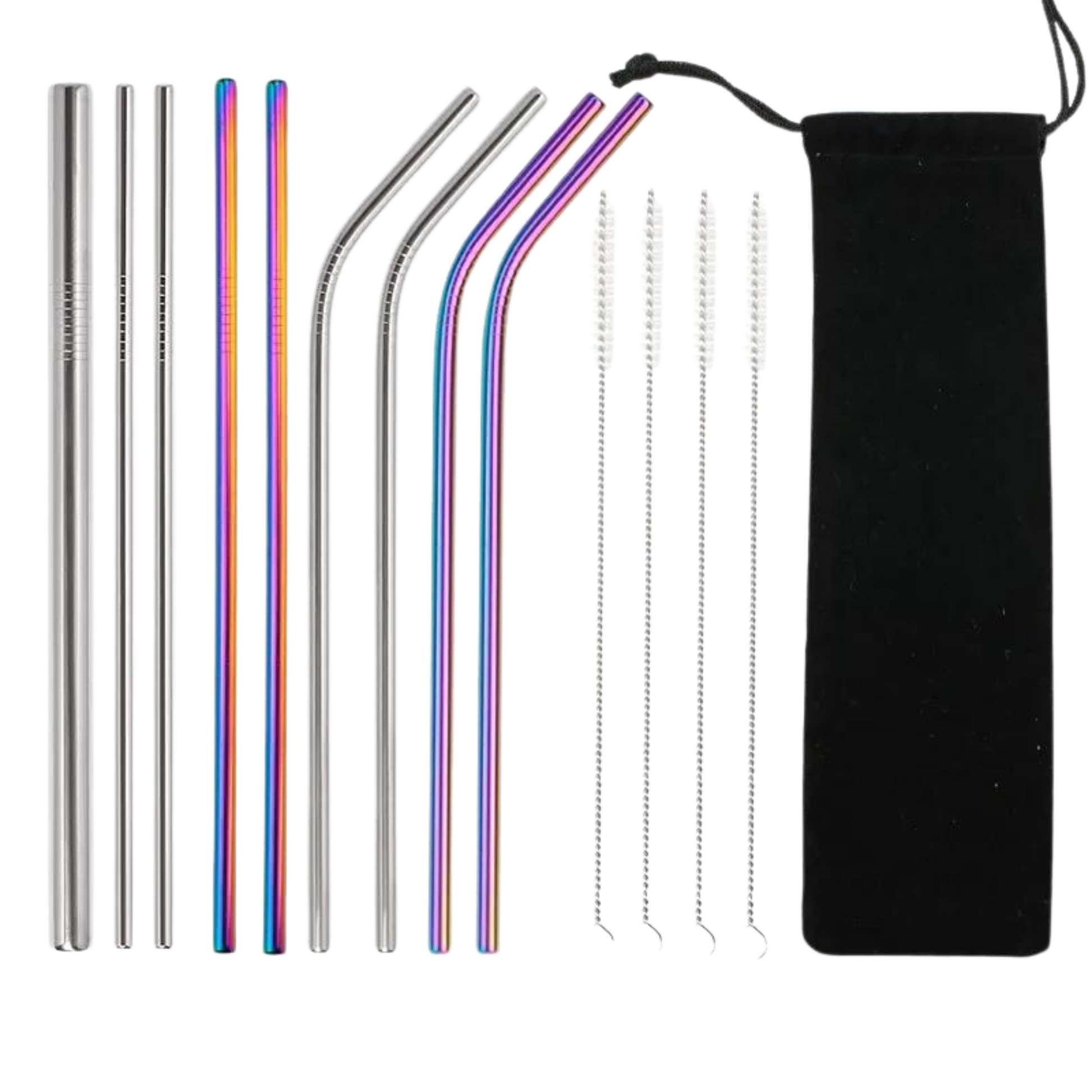 9 mixed colors Stainless Steel Reusable Straws with  cleaning brushes and a bag