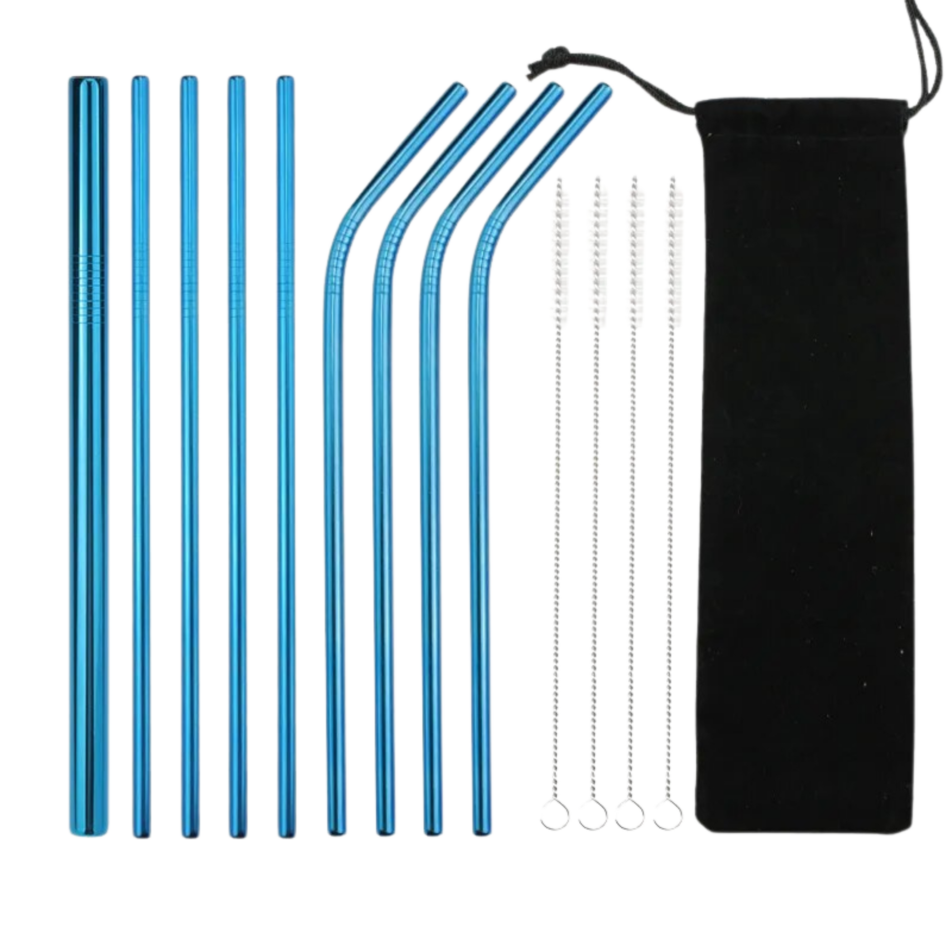 9 blue Stainless Steel Reusable Straws with  cleaning brushes and a bag