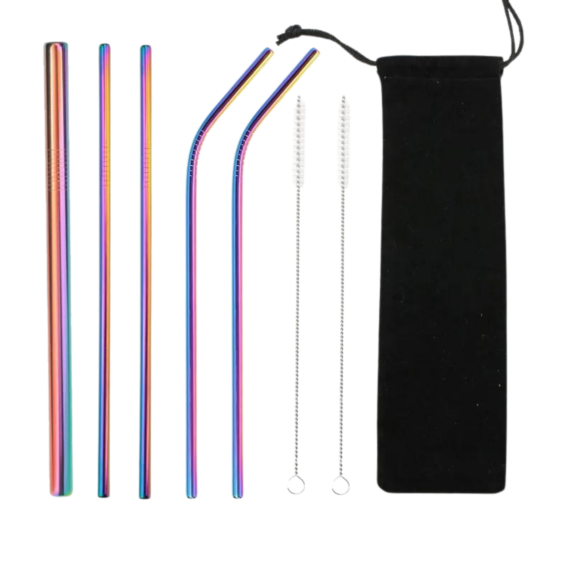 5 rainbow Stainless Steel Reusable Straws Set ( 1 crude 2 straight 2bent) with Brush and bag