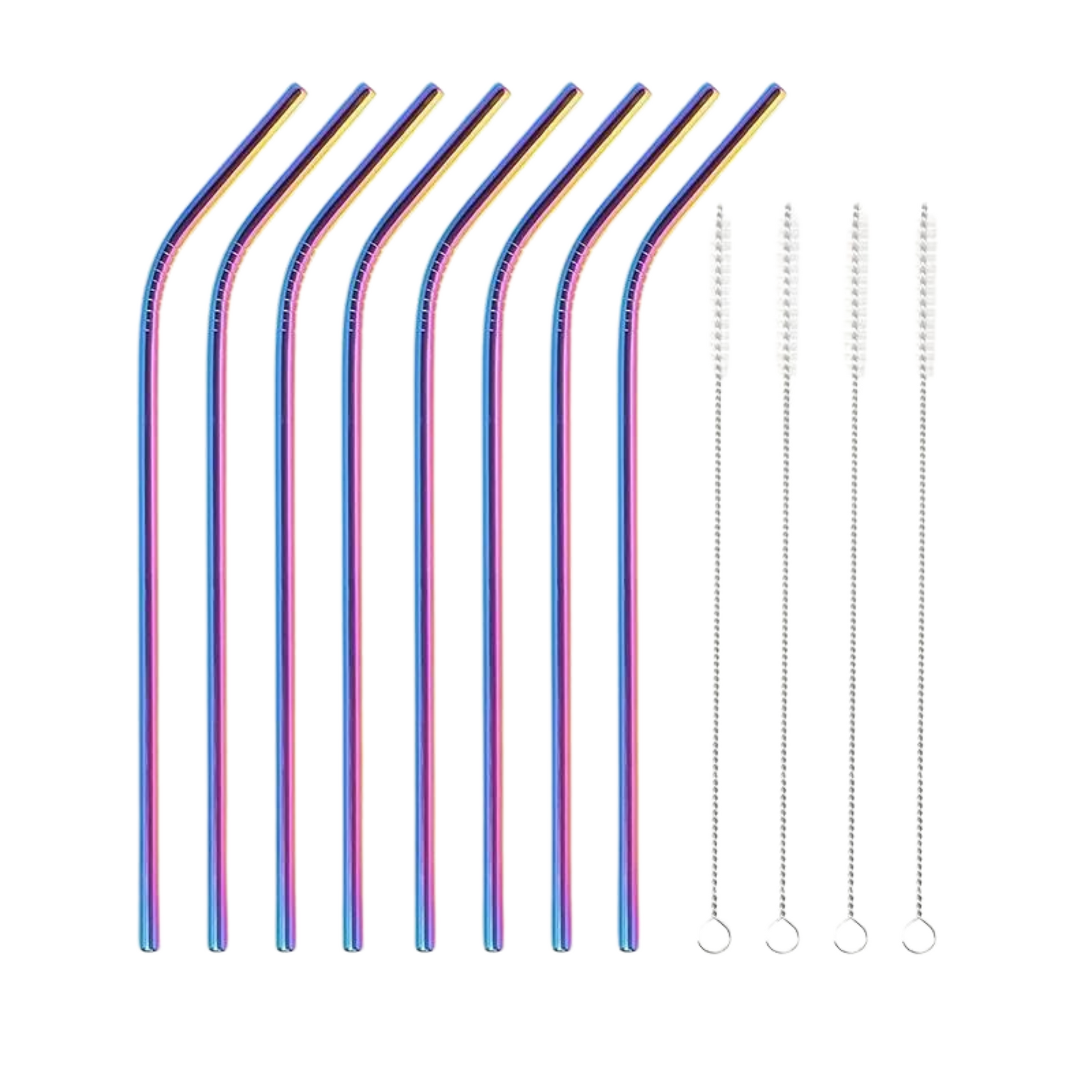 8 rainbow bent stainless steel reusable straws with brushes