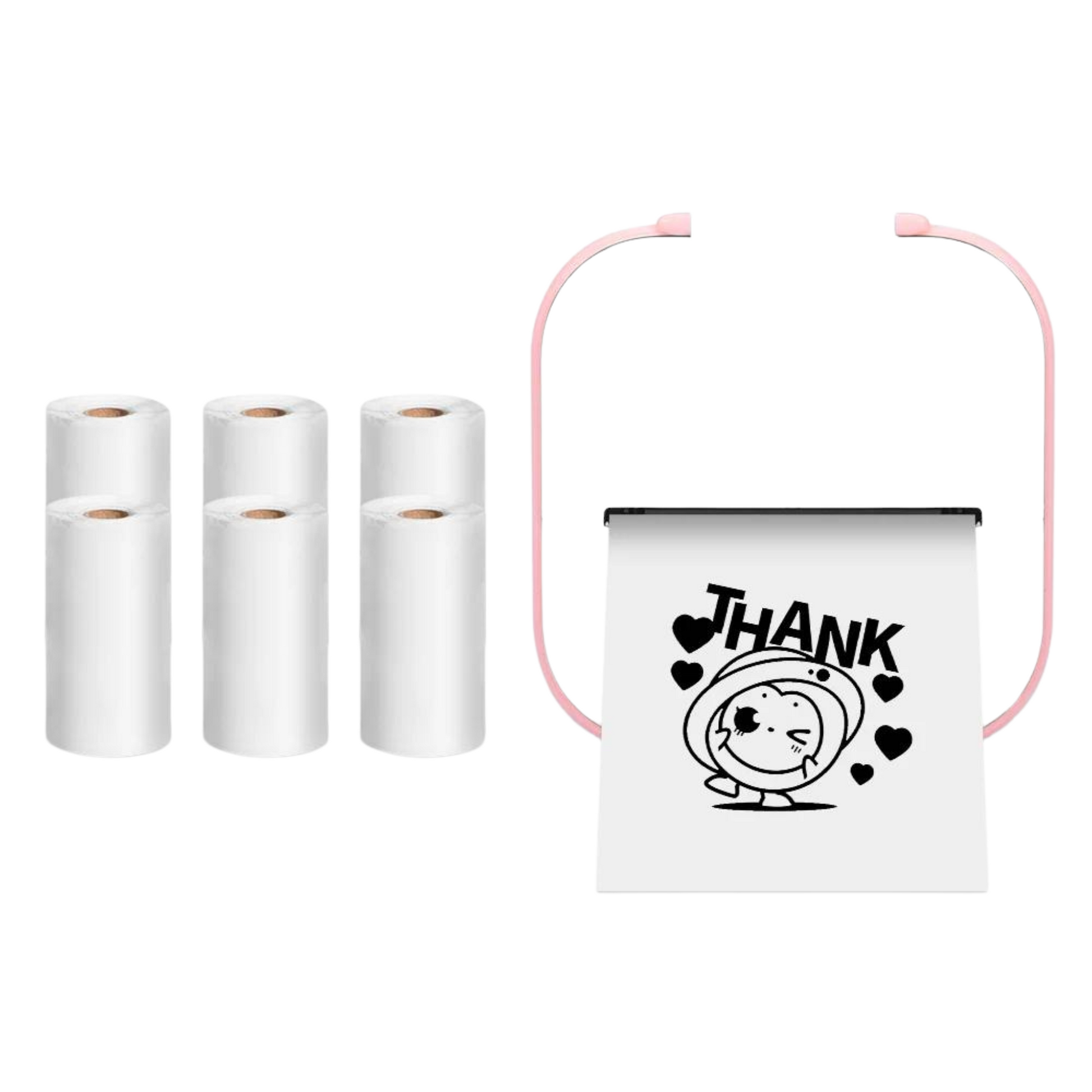 pink printer with 6 self adhesive white sticker rolls