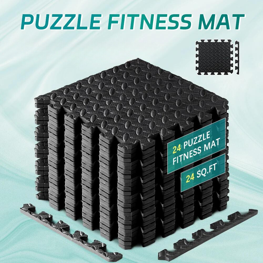  a stack of black, interlocking "Puzzle Fitness Mats"  horse stall mats. The image illustrates the mats' ability to cover a 24-square-foot area.