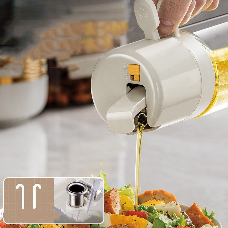 Displayed is the 2-in-1 Oil Sprayer in action, pouring a stream of golden olive oil onto a vibrant salad, illustrating the product’s dual functionality for precise oil dispensing during meal prep.