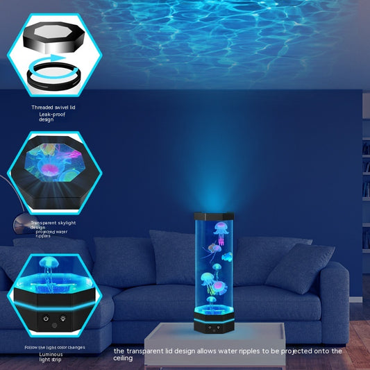 The Jellyfish Lava Lamp illuminates a room with a tranquil blue glow, projecting water ripples onto the ceiling from its transparent top design.