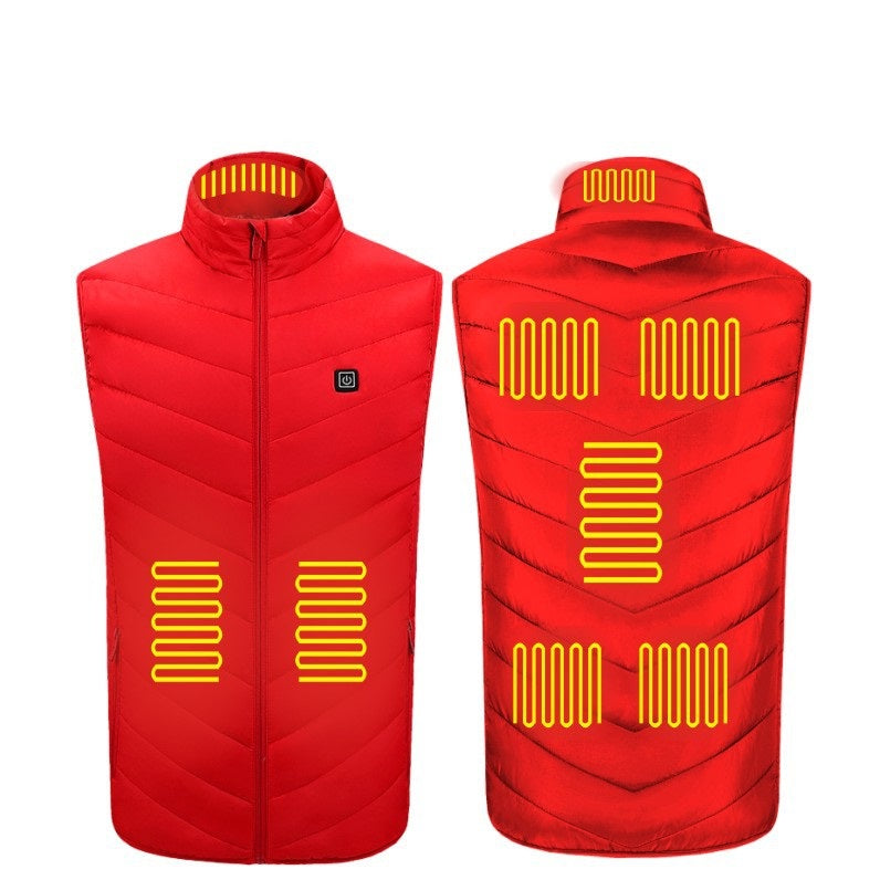 Red Heated Vest with 9 Heating Zones: The eye-catching red vest comes with nine strategically placed heating zones for full-body warmth