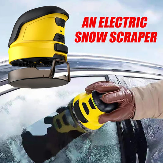 A handheld, cordless electric snow scraper in action, with its yellow and black casing, is shown removing snow from a car's windshield against a wintry backdrop.
