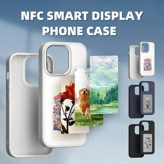 NFC Smart Display Phone Case with Dog Design: This image features an NFC Smart Display phone case with a vibrant dog image on the back. The case is sleek and modern, enhancing phone personalization.