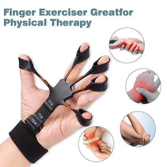The image shows a hand stretching a black silicone finger exerciser with loops for each finger, suggesting its use for physical therapy. Insets display the device being used in different ways to strengthen individual fingers and the wrist, indicating its versatility for various exercises and grip training.