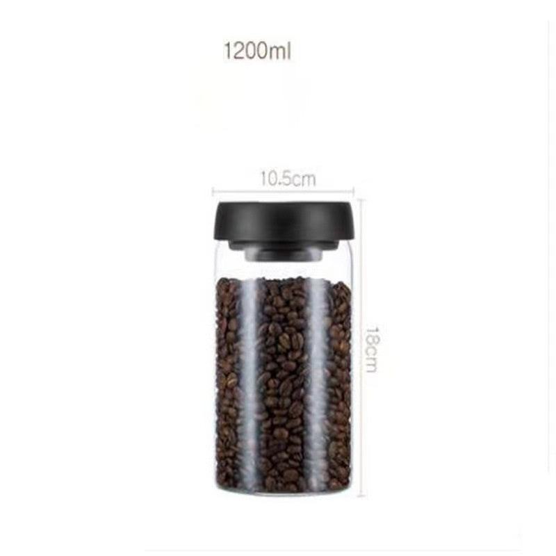 Coffee Bean Storage Canister Set: Various Coffee Bean Storage Canisters filled with beans are shown in different settings. These glass jars provide an effective solution for storing and preserving coffee.
